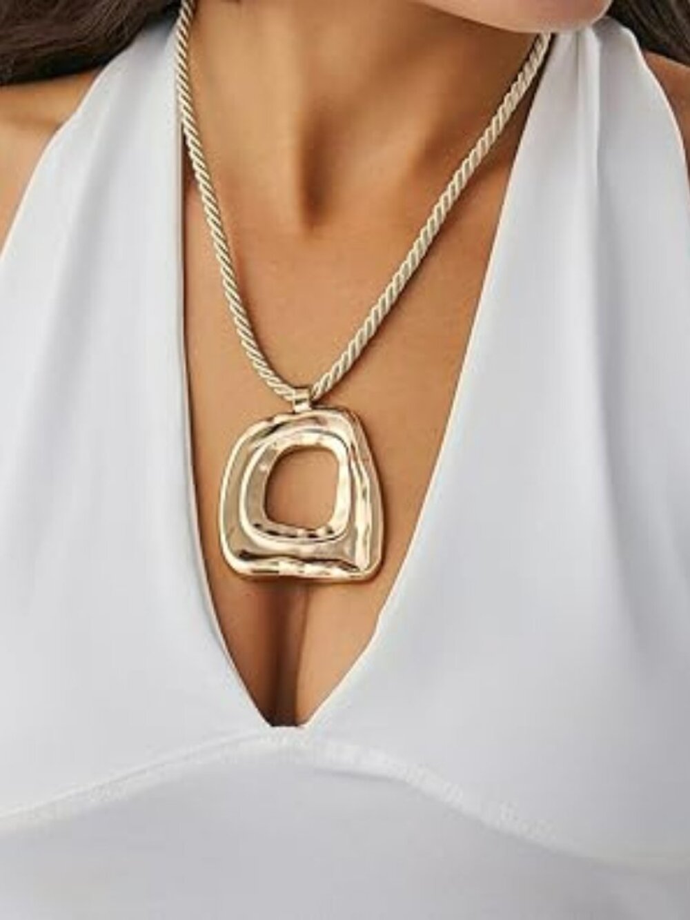 NEW Chunky Gold Necklace Boho Hollow Square‎ Pendant Rope Chain Oversized